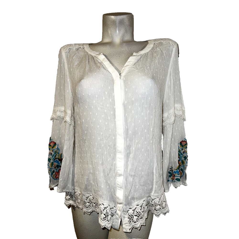 Chico's White Swiss Dot Floral Embroidered Lace Trim Boho Blouse Top Size 1 M